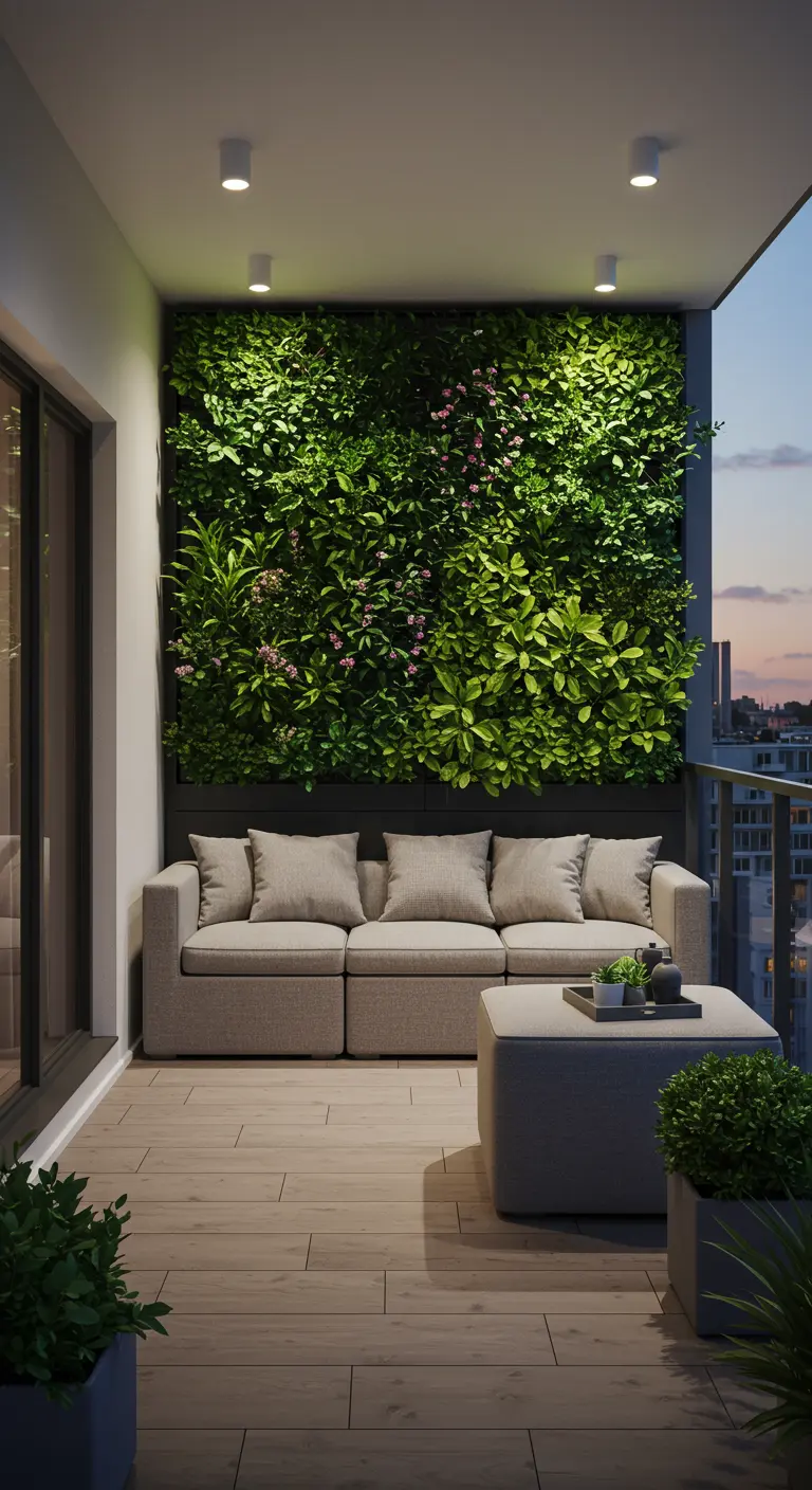 A deep green wall on a balcony, subtly dotted with small pink flowers, in front of a modern grey sofa.
