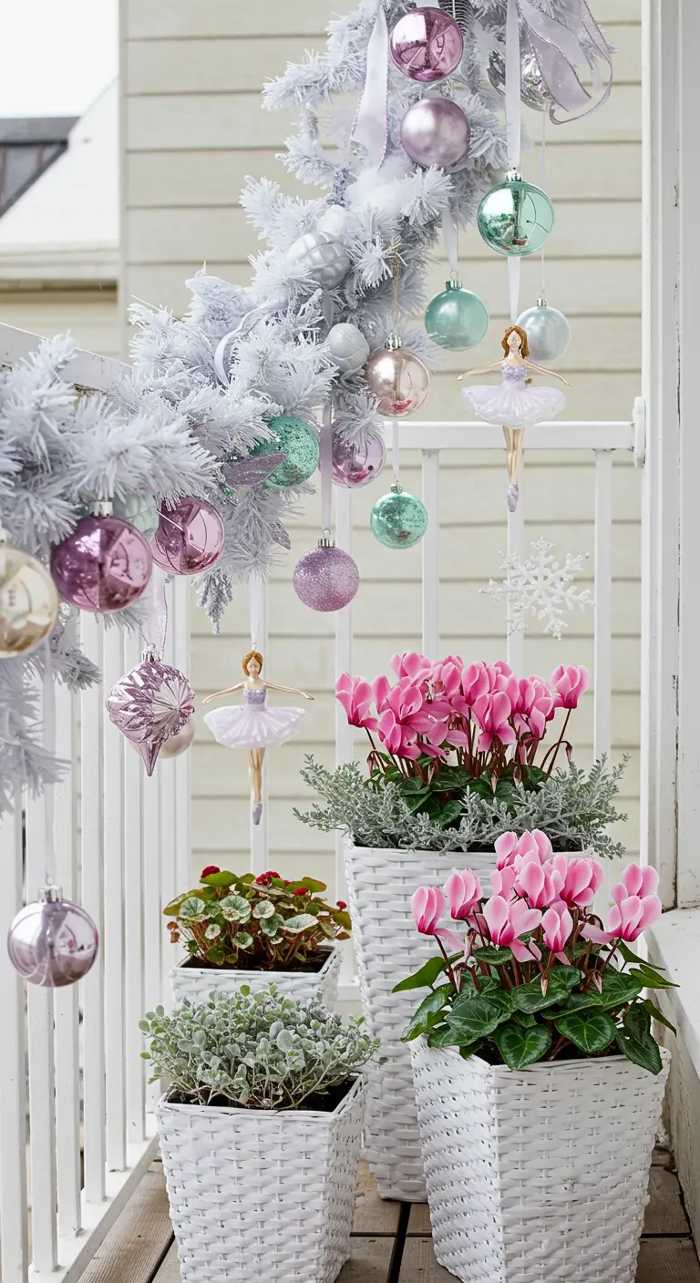 A white-themed balcony with pastel ornaments, ballerina figures, and pink cyclamen.