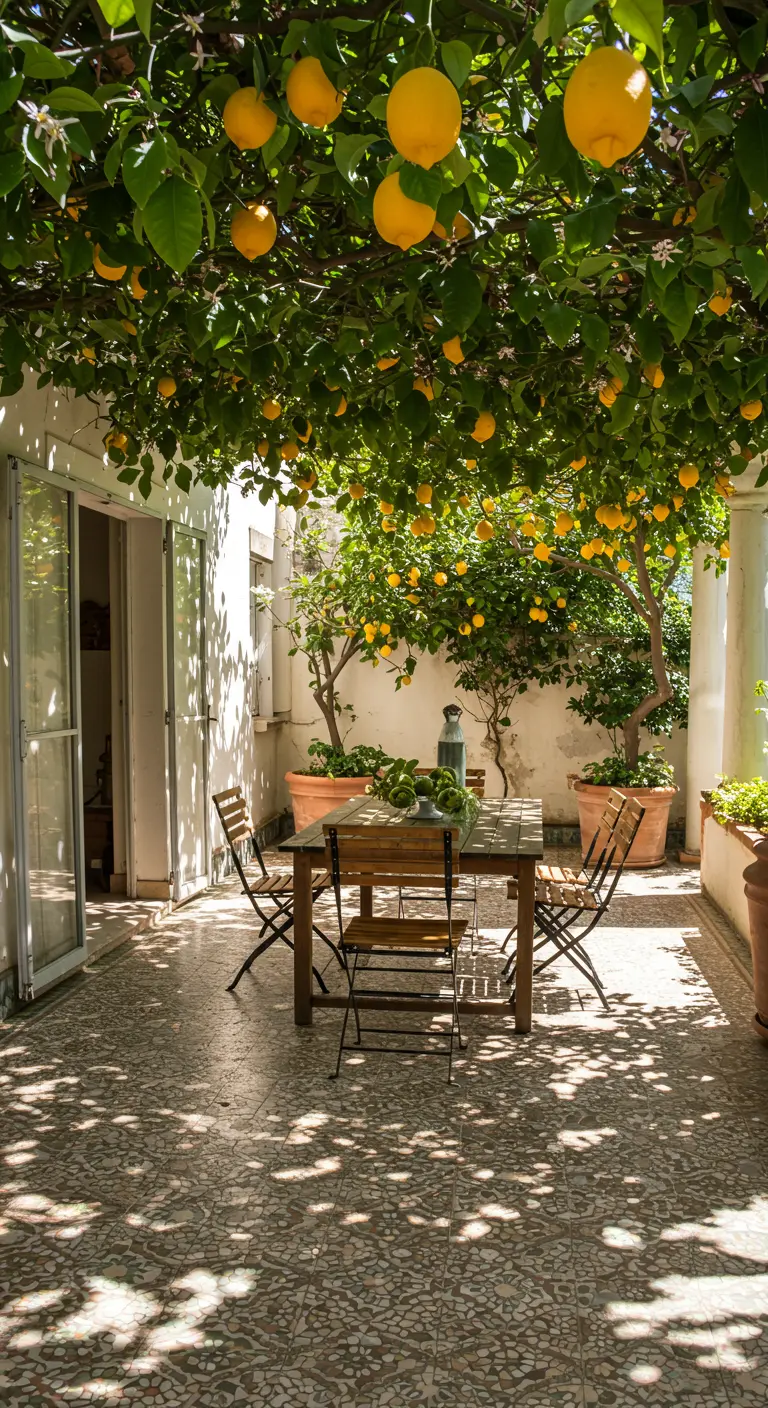 A sunny patio with a dining table shaded by the canopy of several potted lemon trees.