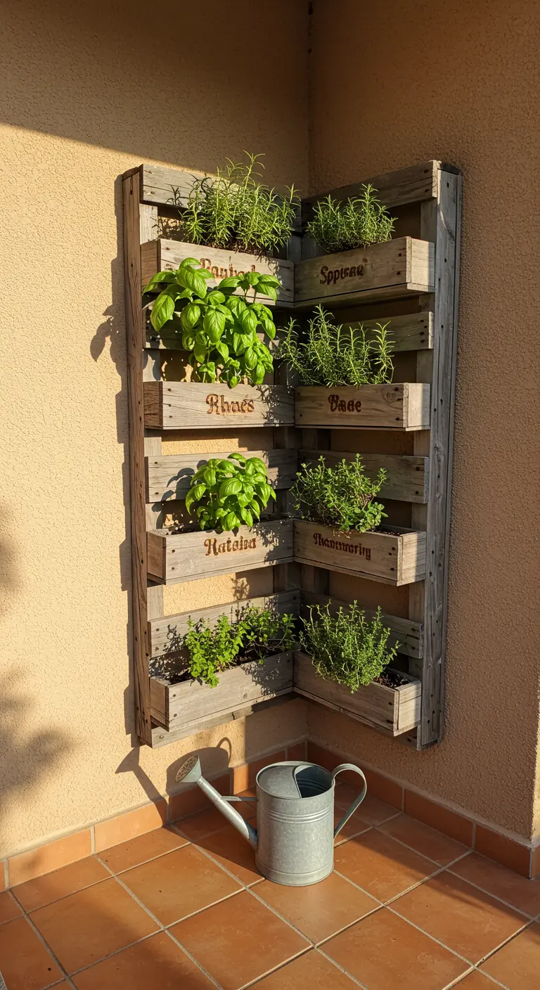 A corner-mounted reclaimed wood pallet planter with herbs and wood-burned labels.