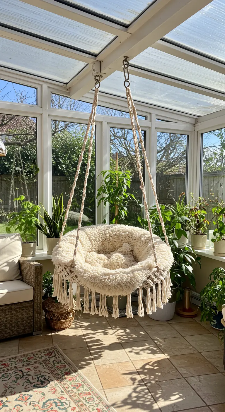 Cream macramé tire swing with a sheepskin throw in a sunroom.