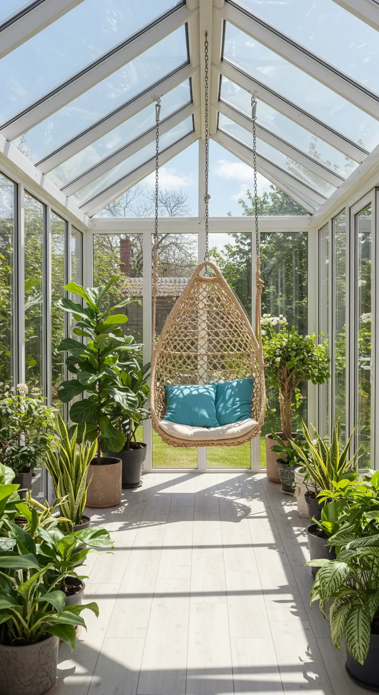A rope swing chair hanging in a bright, glass-walled sunroom filled with potted plants.