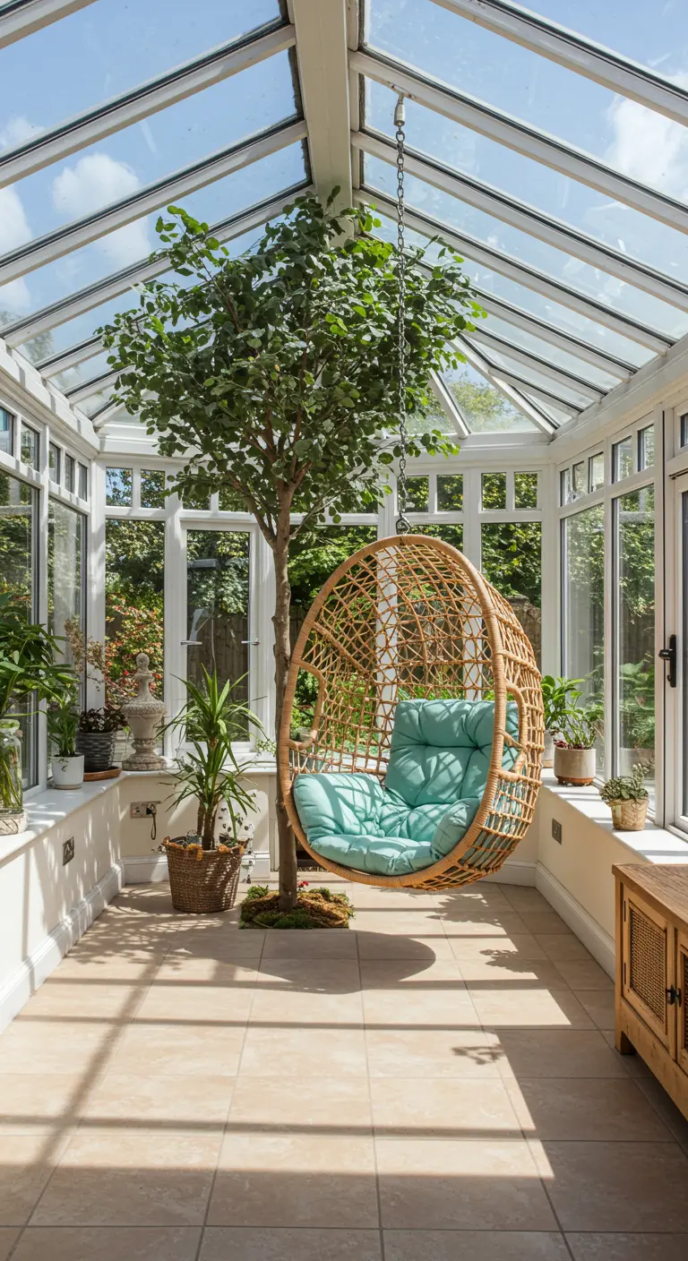 A natural rattan egg chair with aqua cushions hanging inside a glass sunroom next to a potted tree.