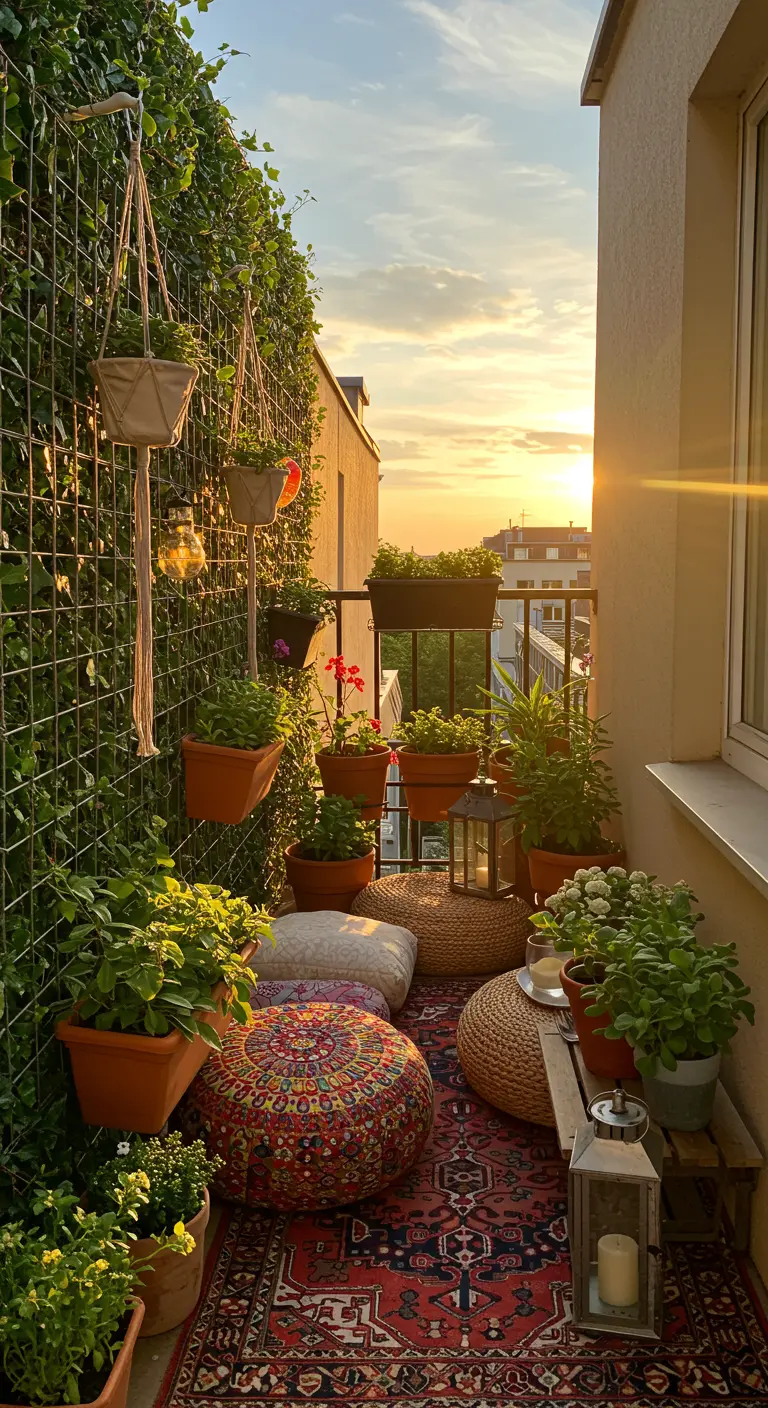 A cozy bohemian balcony with a plant-covered grid wall, floor cushions, and a Persian rug at sunset.