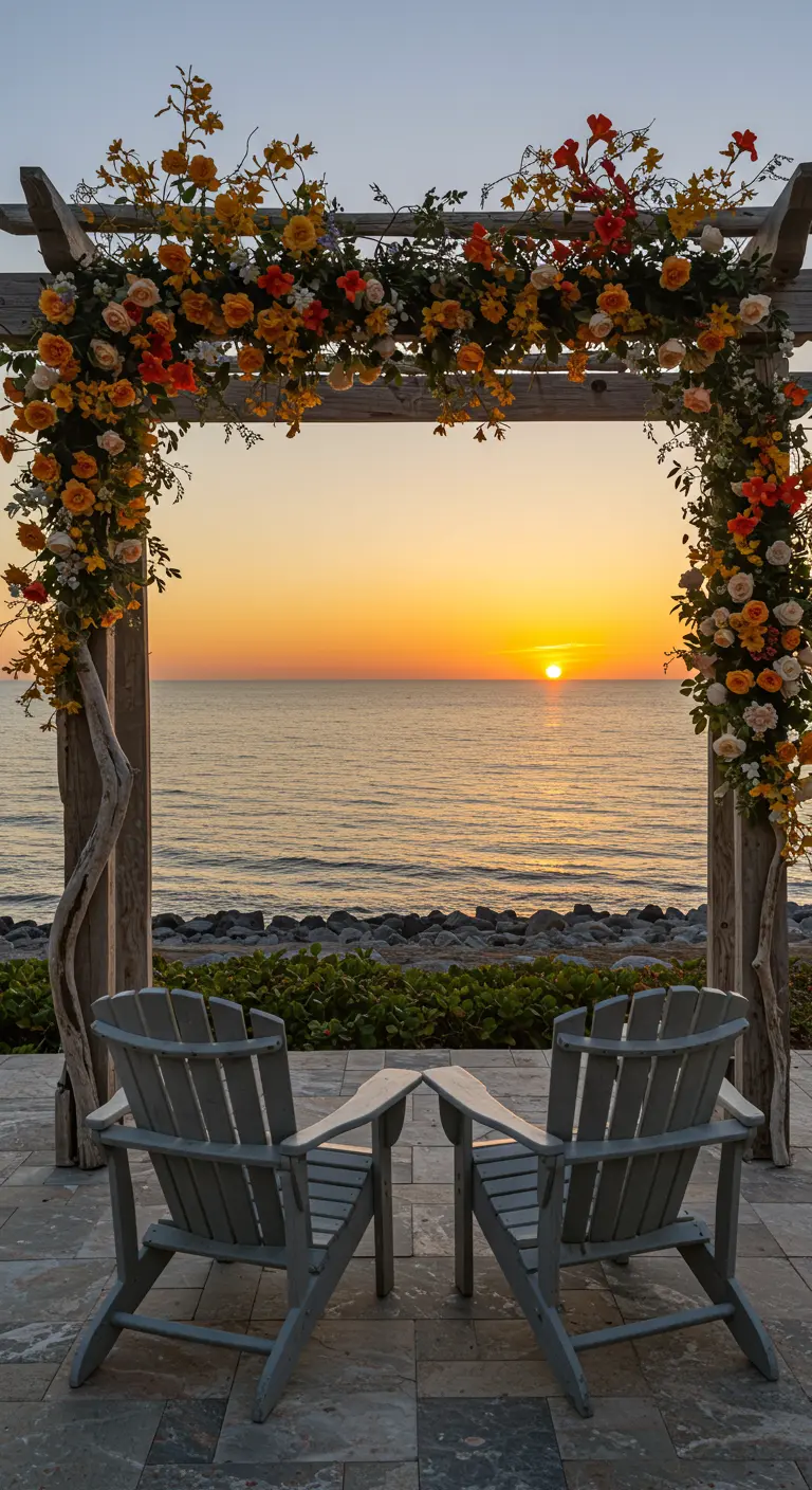 A wooden wedding arch adorned with orange and yellow roses, framing the sunset over the ocean.