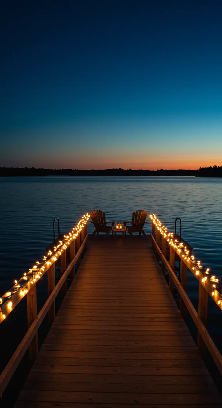 A wooden dock at sunset with fairy lights wrapped along both railings, leading to two chairs.