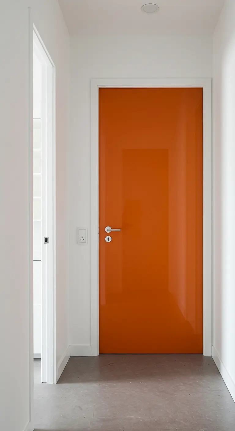 A high-gloss, vibrant orange interior door in a white hallway.