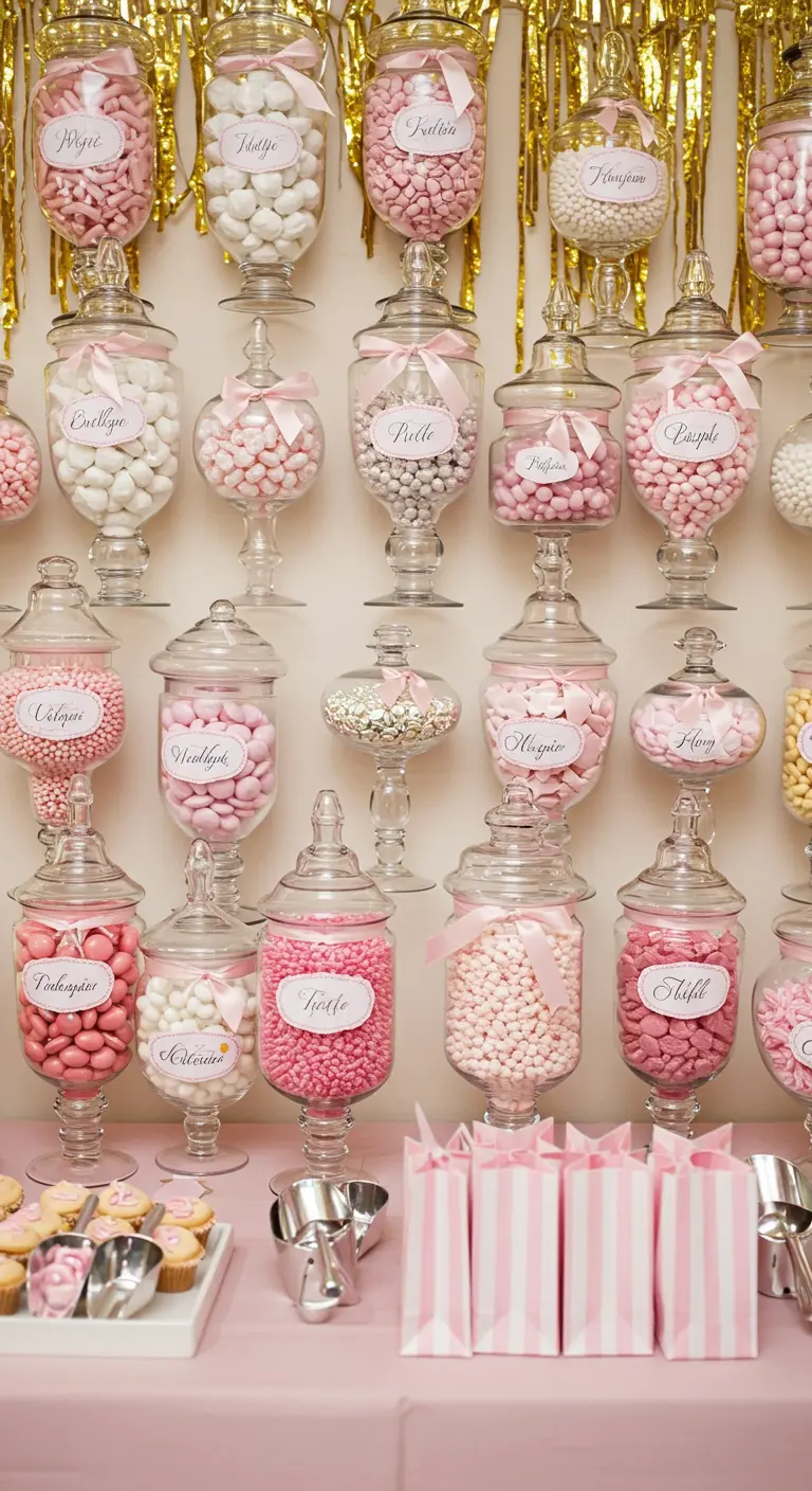 A candy bar with apothecary jars filled with pink and white sweets against a gold tinsel backdrop.