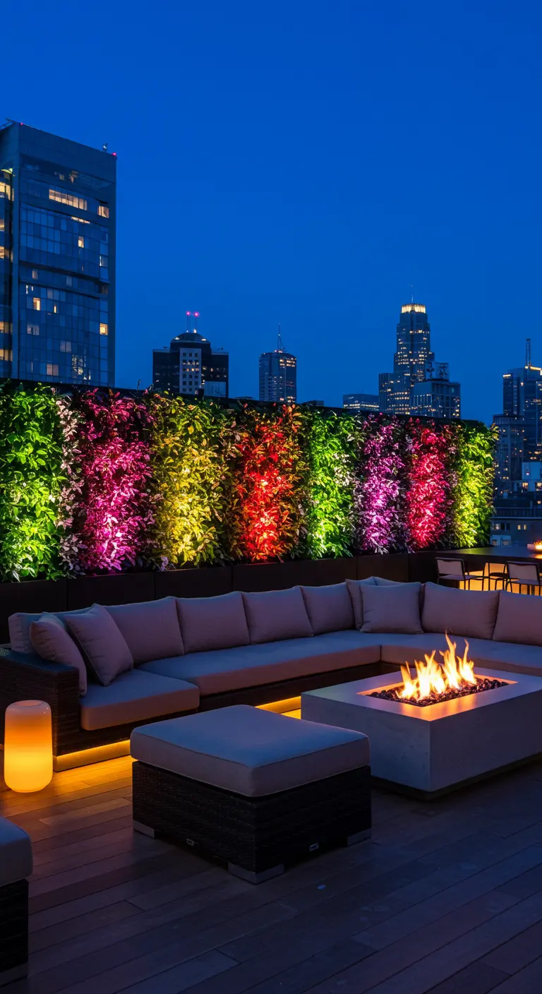 A rooftop terrace at night with a large green wall illuminated by colorful pink, yellow, and red lights.