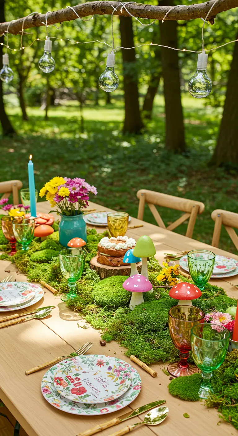 A cheerful tablescape with a moss runner dotted with colorful, hand-painted mushrooms.