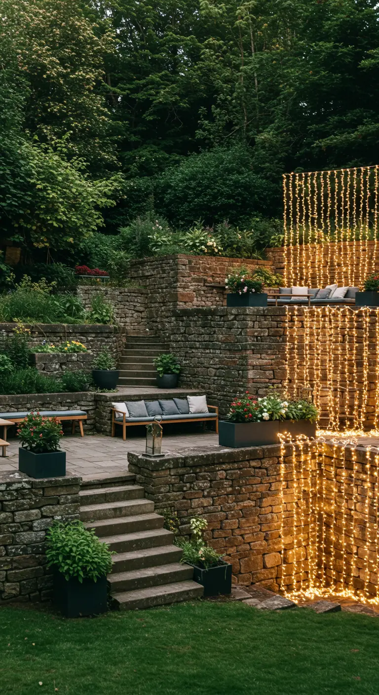 A multi-level terraced garden with stone walls, where curtains of fairy lights hang down each level.