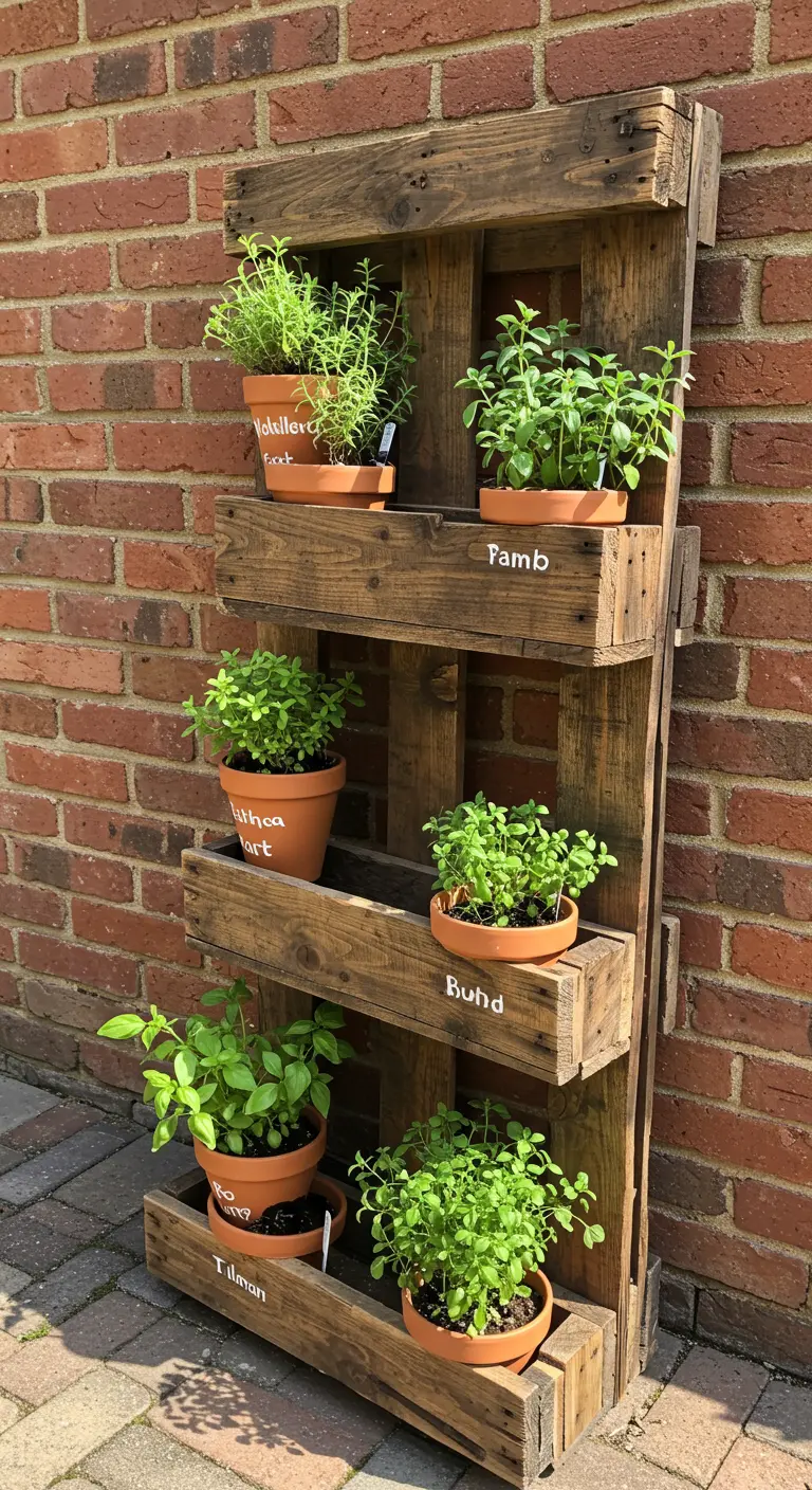 A vertical pallet wood shelf against a brick wall, holding herbs in terracotta pots.