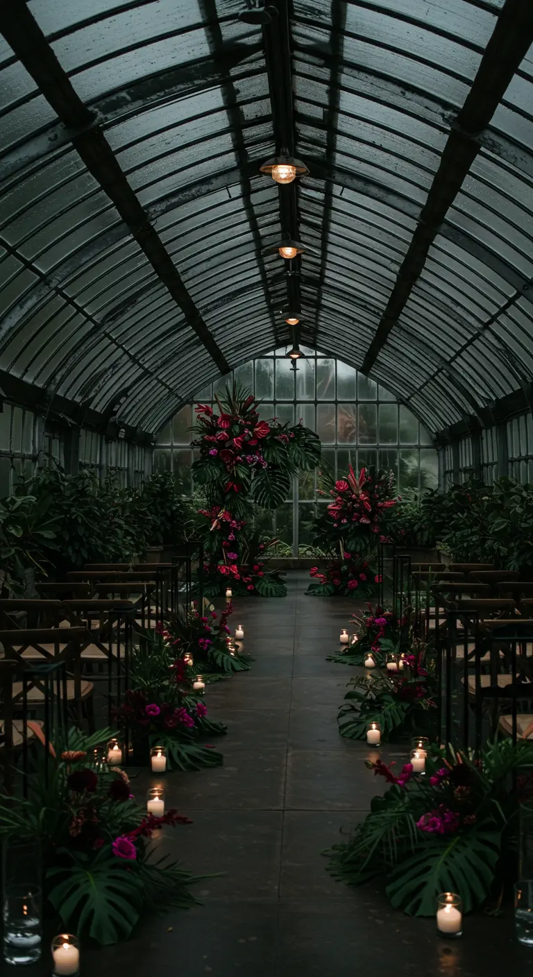 A greenhouse wedding aisle decorated with tropical plants and deep red and magenta flowers.