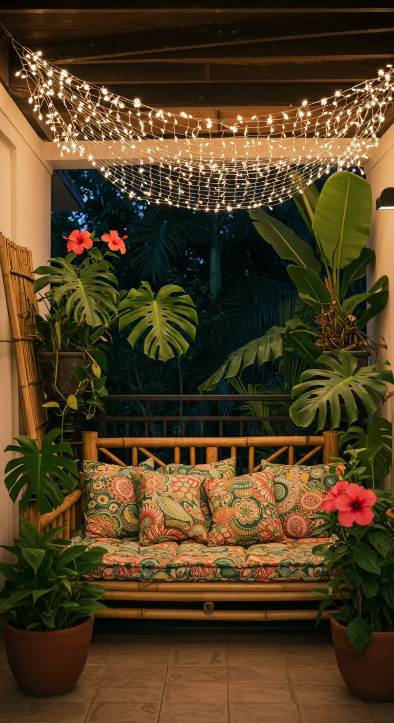 A lush tropical balcony with a bamboo bench, large plants, and a net of fairy lights on the ceiling.