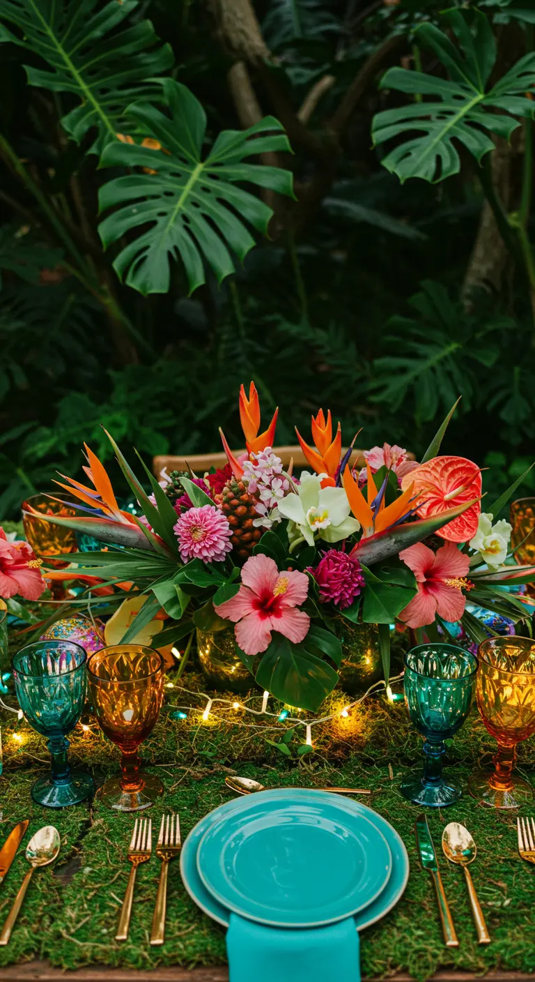 A vibrant tablescape with a moss runner, tropical flowers, and colorful glassware.