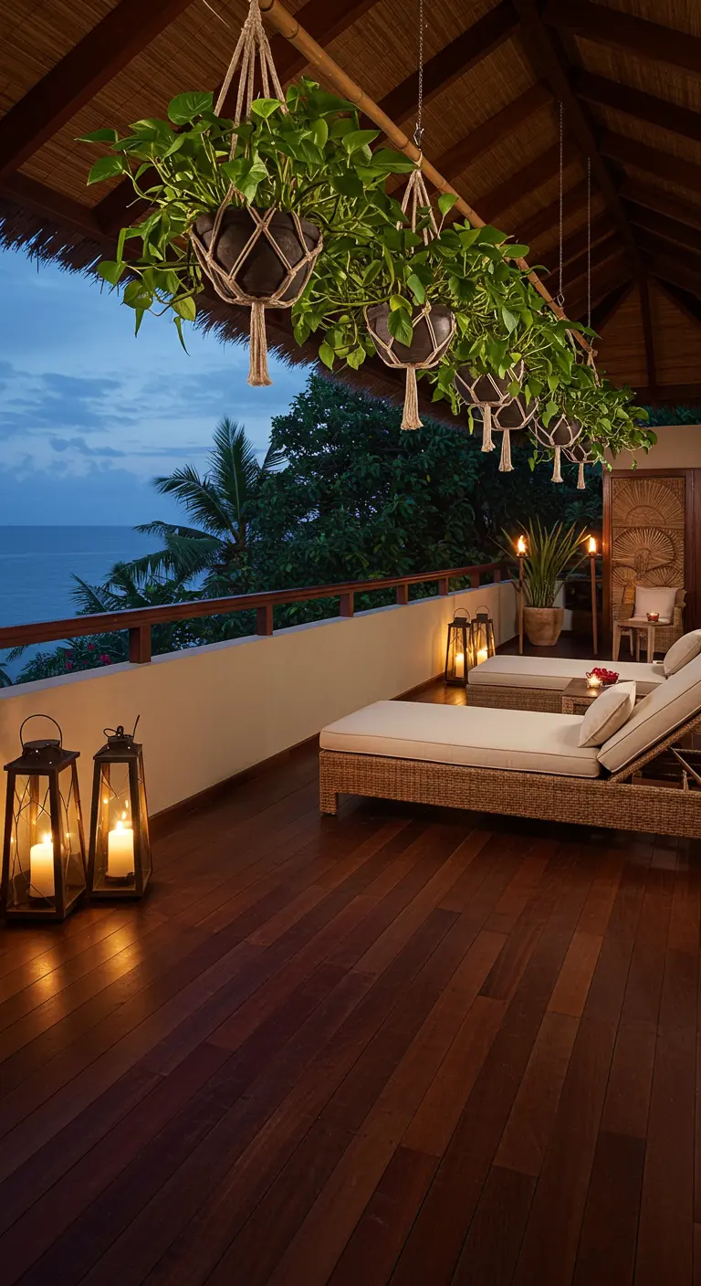 Luxury tropical balcony at dusk with loungers and candle lanterns.