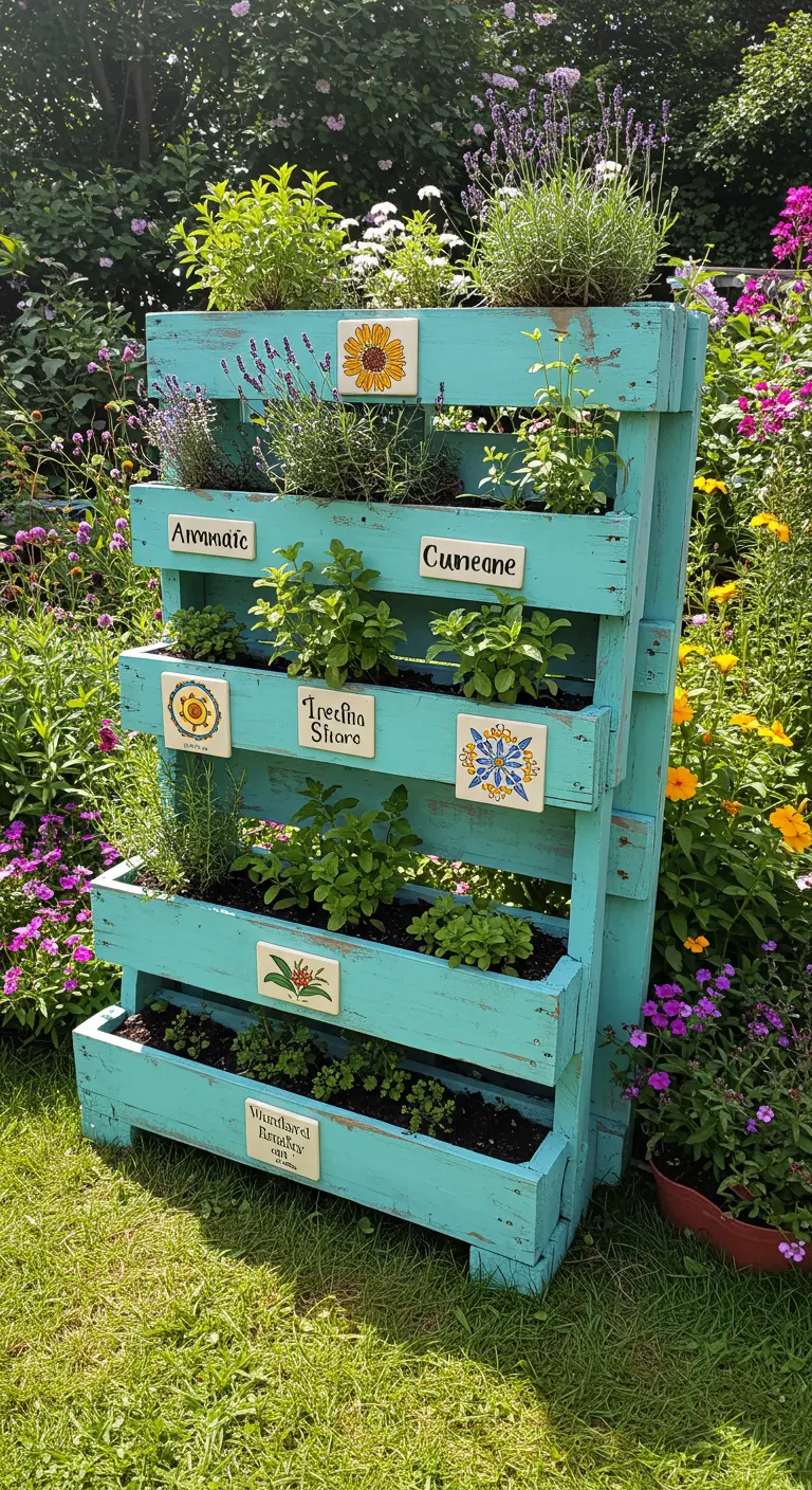 A vertical pallet planter painted turquoise and decorated with colorful ceramic tiles.