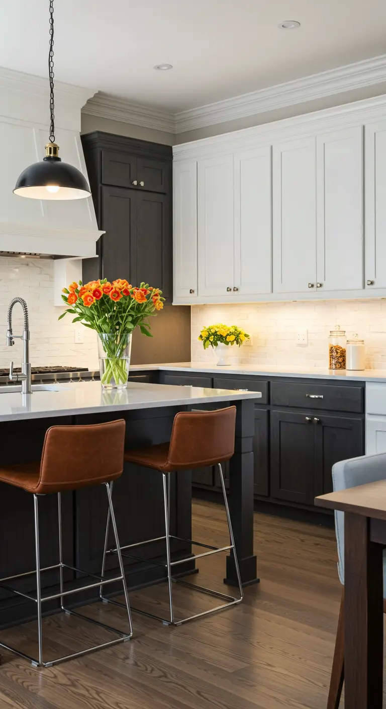 Two-tone kitchen with white upper cabinets, dark charcoal lower cabinets, and cognac leather stools.