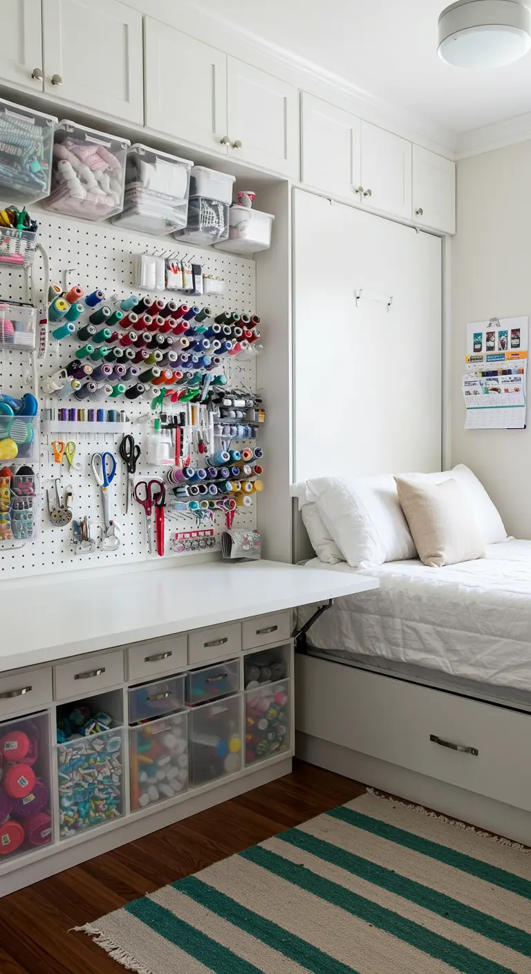 A craft room with a Murphy bed and a large, organized pegboard wall of supplies.