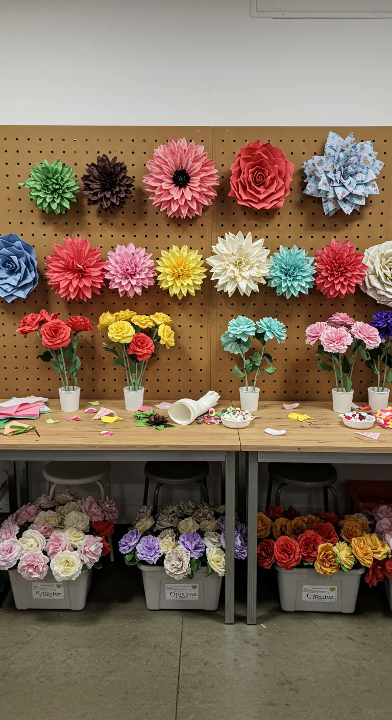 A craft station with a pegboard displaying colorful handmade paper flowers and bins of blooms below.
