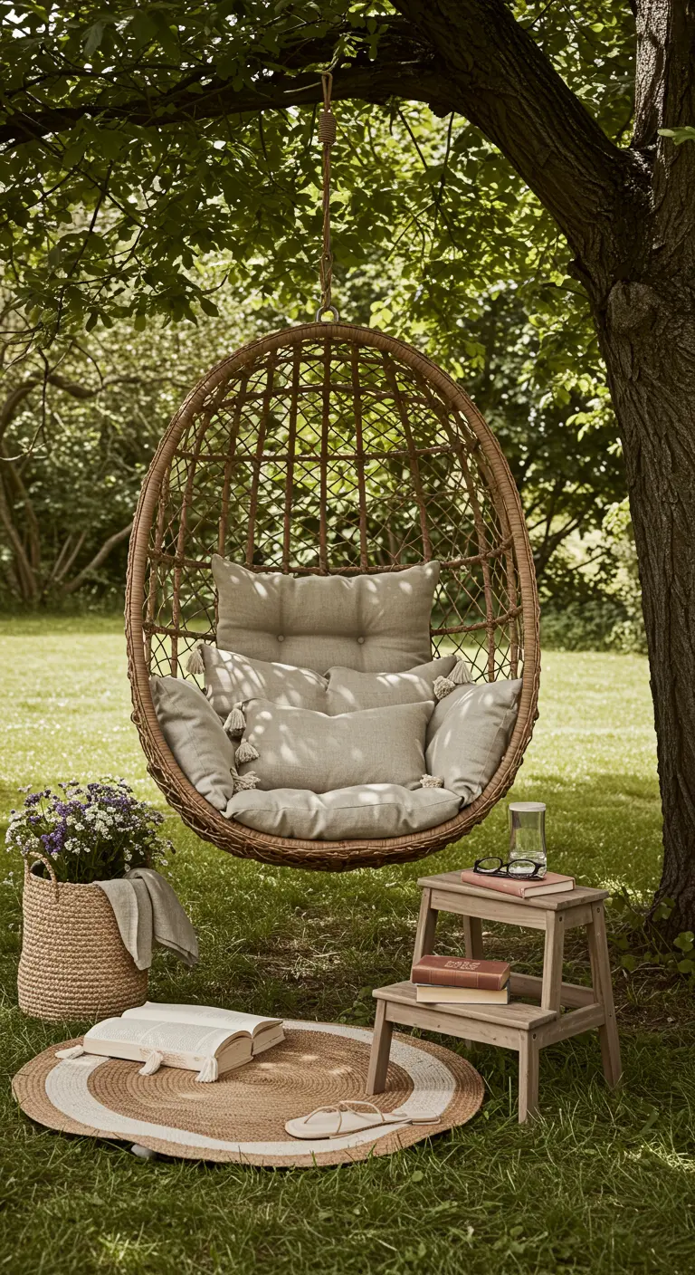 A rattan egg chair with neutral linen cushions set up as a reading nook on the grass.