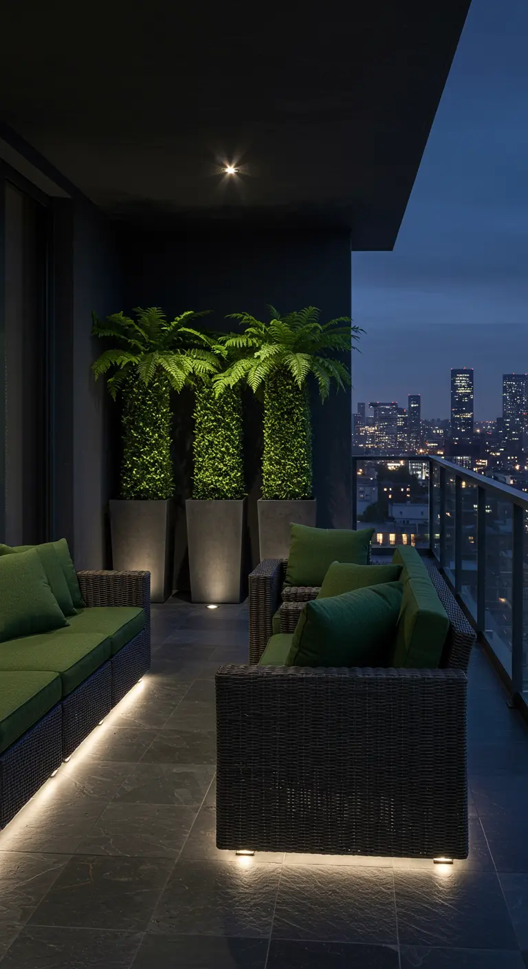 A modern, dark-themed balcony at night with illuminated furniture and tall potted ferns.
