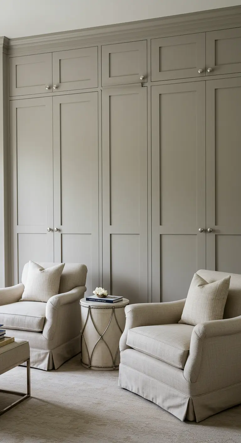 A wall of floor-to-ceiling greige cabinets that discreetly hides a Murphy bed.