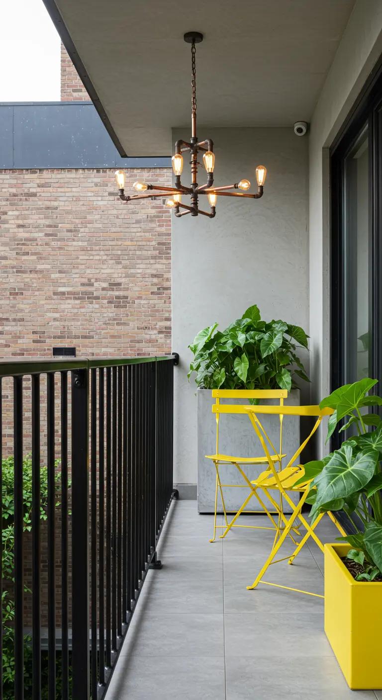 A bright yellow bistro set provides a pop of color on a grey industrial balcony.
