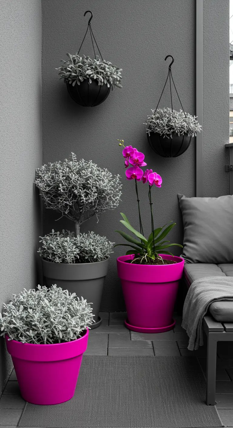 A grayscale balcony with a single, vibrant pop of color from a pink orchid and pot.