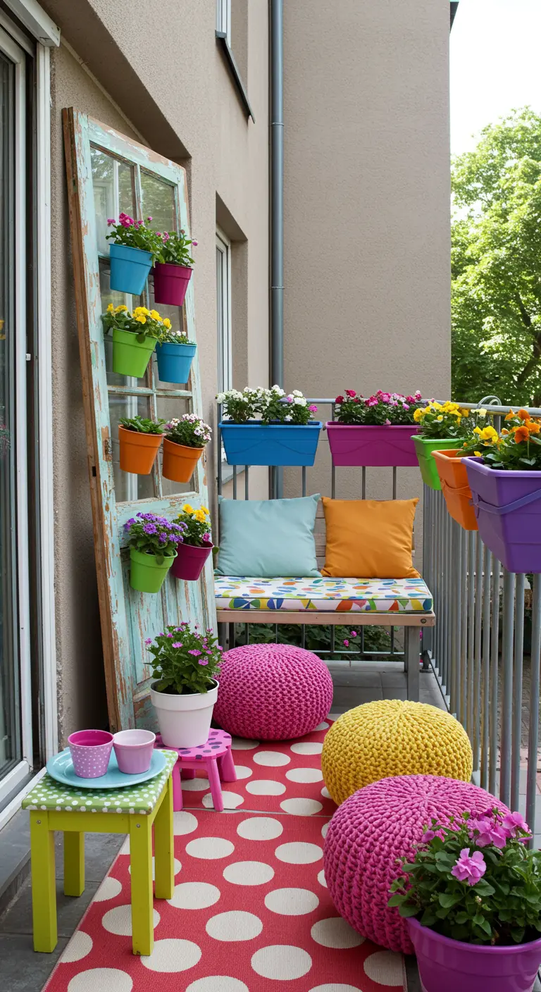 A weathered blue door leaned against a wall, used to hold colorful small planters.