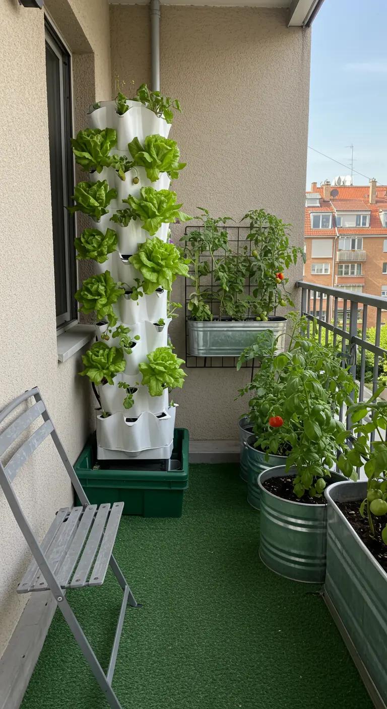 A narrow balcony with a vertical hydroponic tower growing lettuce and galvanized planters with tomatoes.