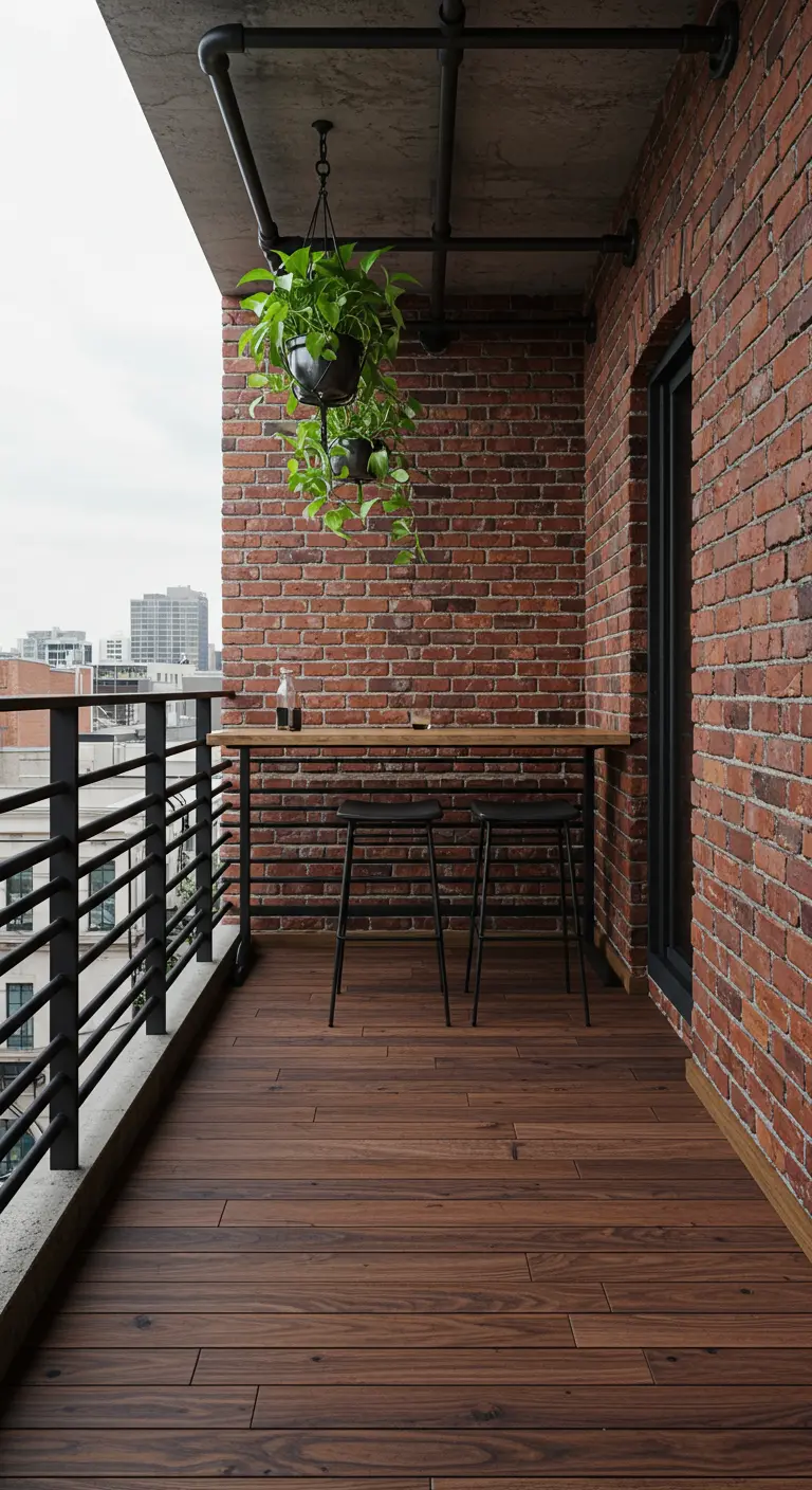 Industrial balcony with brick walls, a bar top, and hanging plants.