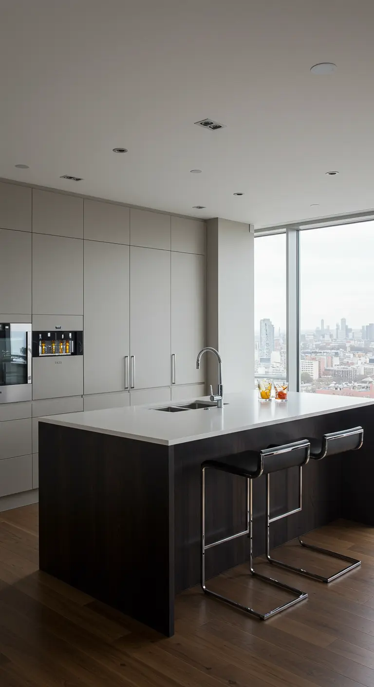 Minimalist kitchen with beige cabinets, a dark wood island, and a large window with a city view.