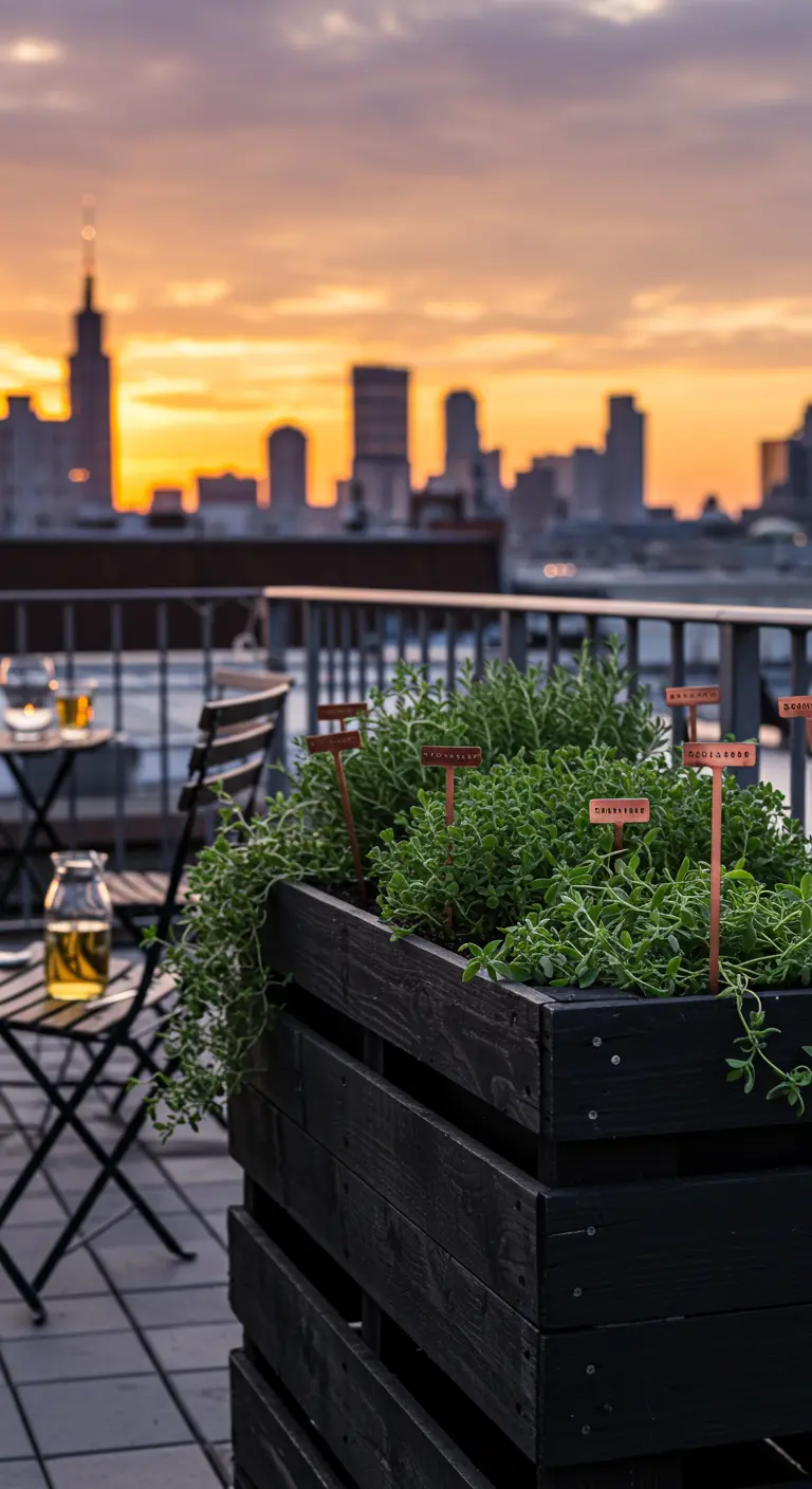 A black-painted pallet planter with copper markers on a city rooftop at sunset.