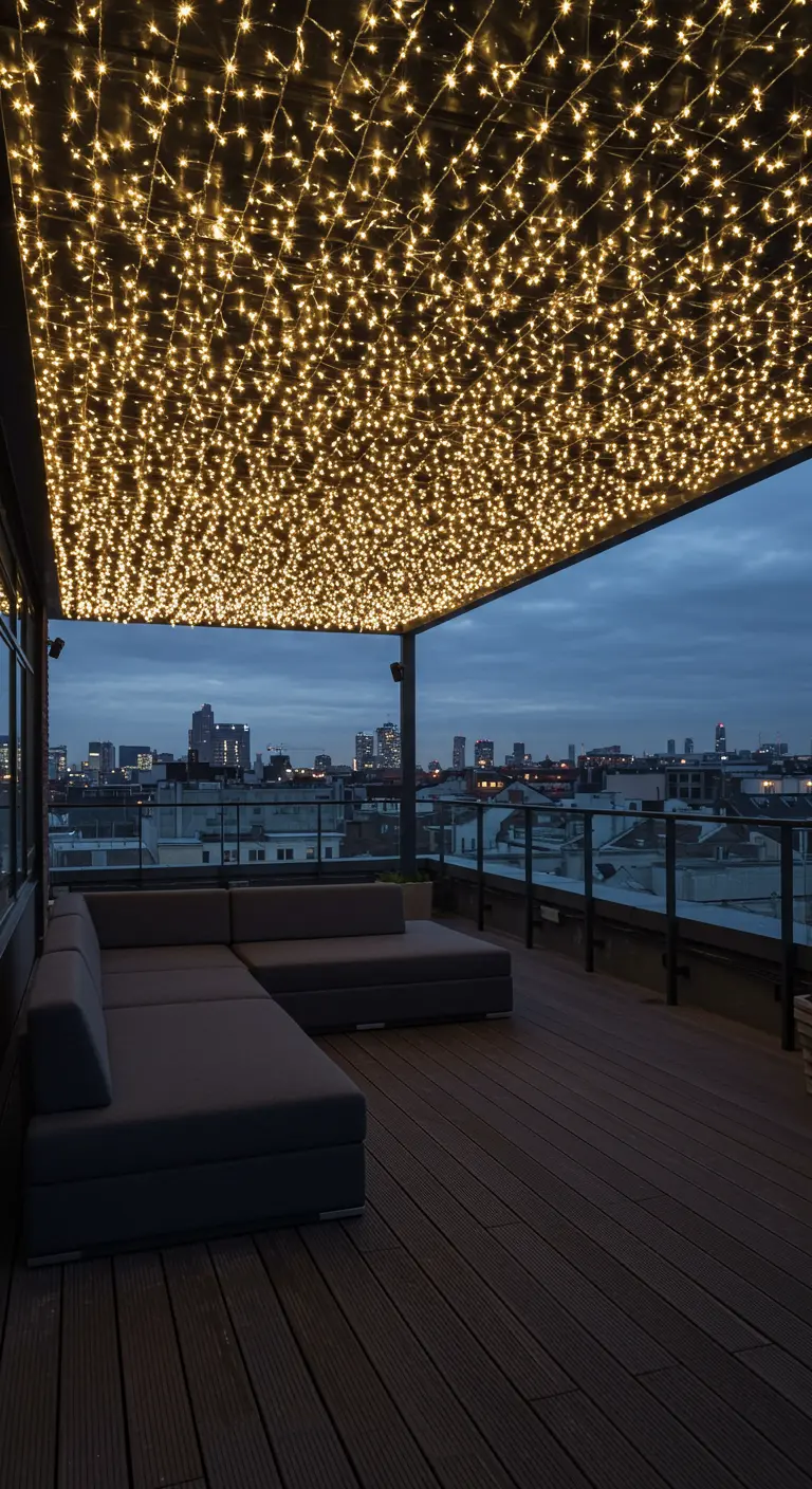 A modern rooftop terrace with a dense ceiling of tiny fairy lights illuminating an L-shaped sofa.