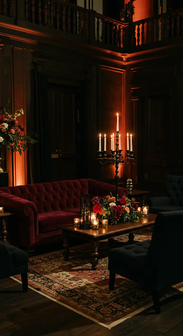 A cozy lounge with a burgundy velvet sofa, a large candelabra, and a floral centerpiece.