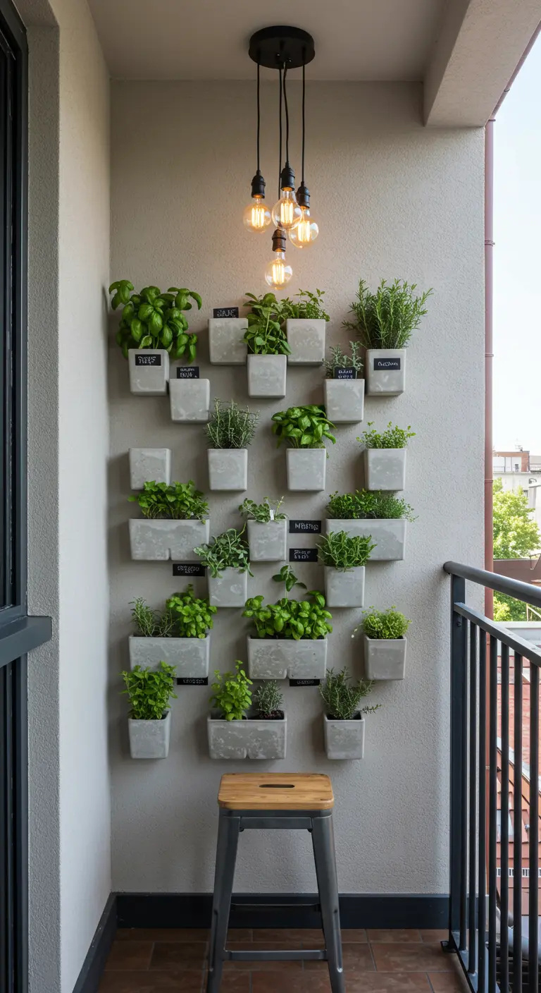 A vertical herb garden with labeled concrete planters on a balcony wall.