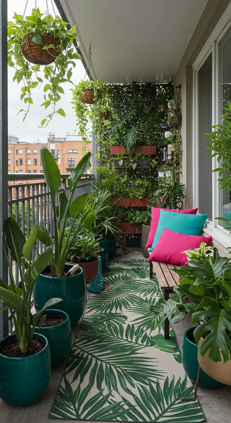 A narrow balcony transformed into a lush jungle with a living wall and tropical plants.