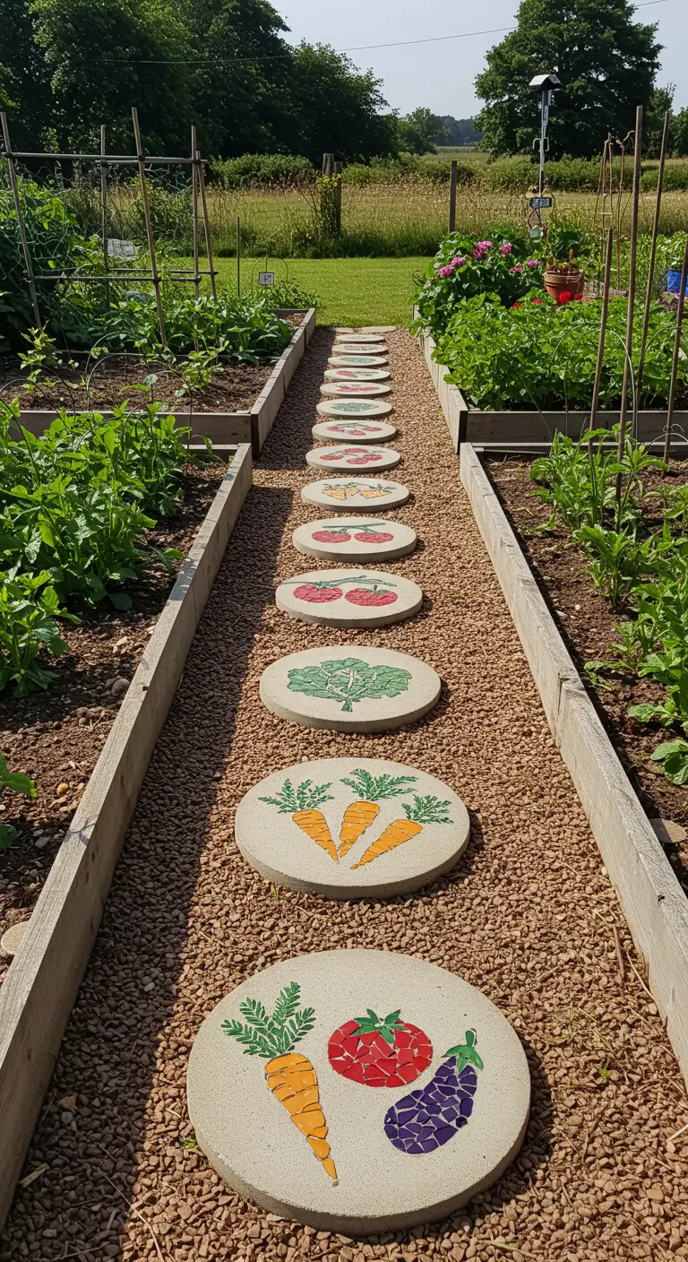 Round stepping stones with vegetable mosaics leading through a vegetable garden.