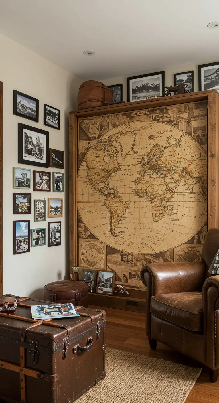 A Murphy bed concealed behind a large, antique-style world map in a study.