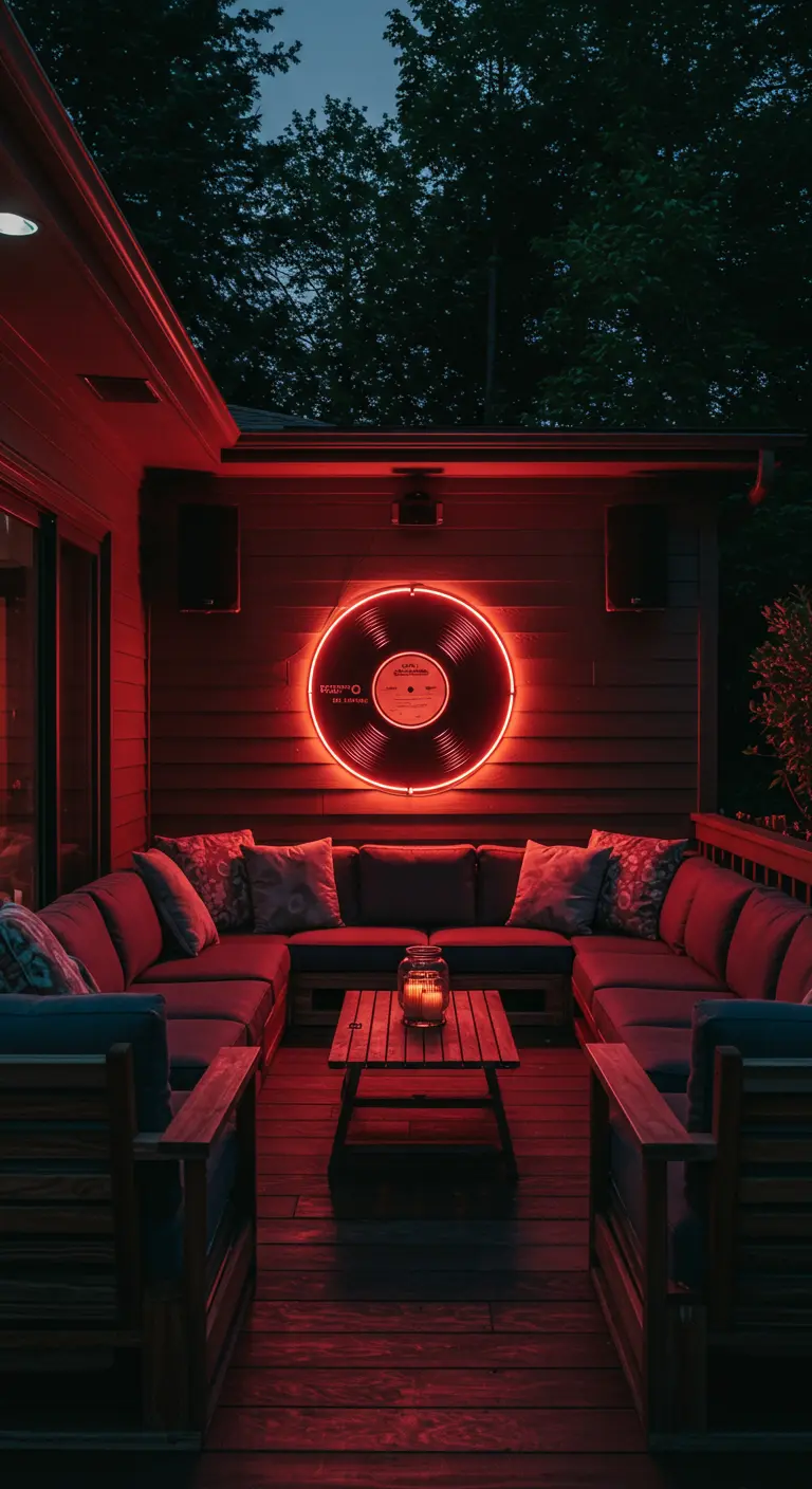 An outdoor deck lounge with a large neon sign shaped like a vinyl record.