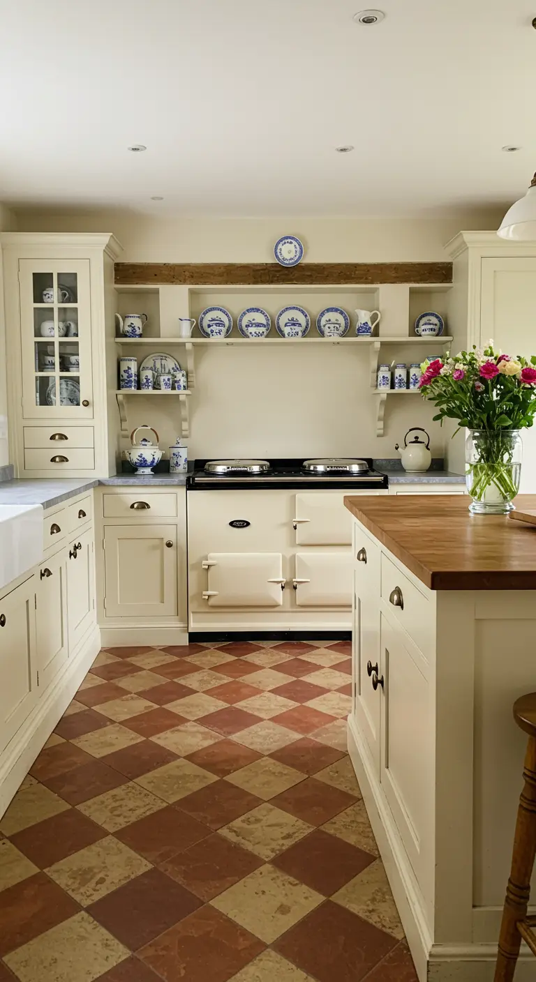 English country kitchen with cream cabinets, a large range, and a terracotta checkerboard floor.