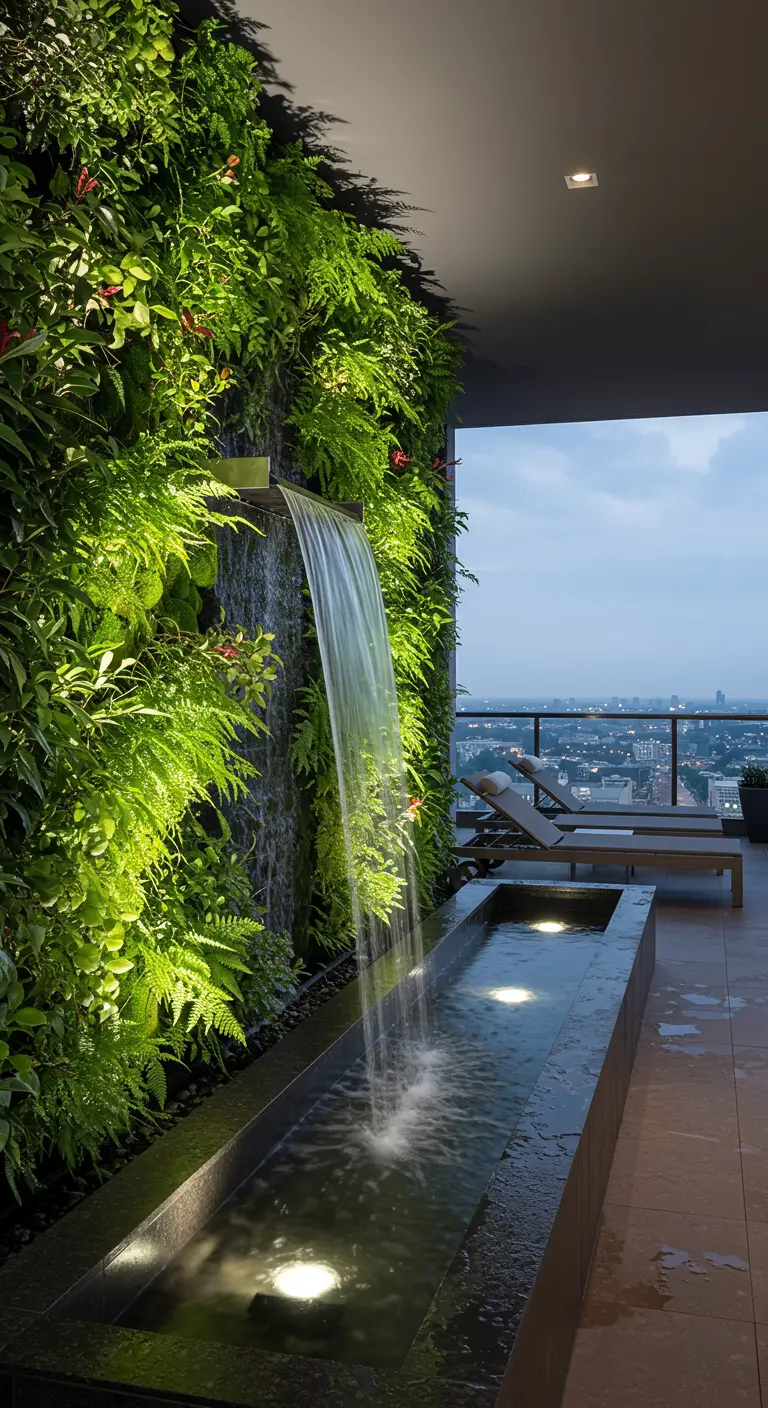 A high-rise balcony with a waterfall cascading from a green wall into a lit basin below.