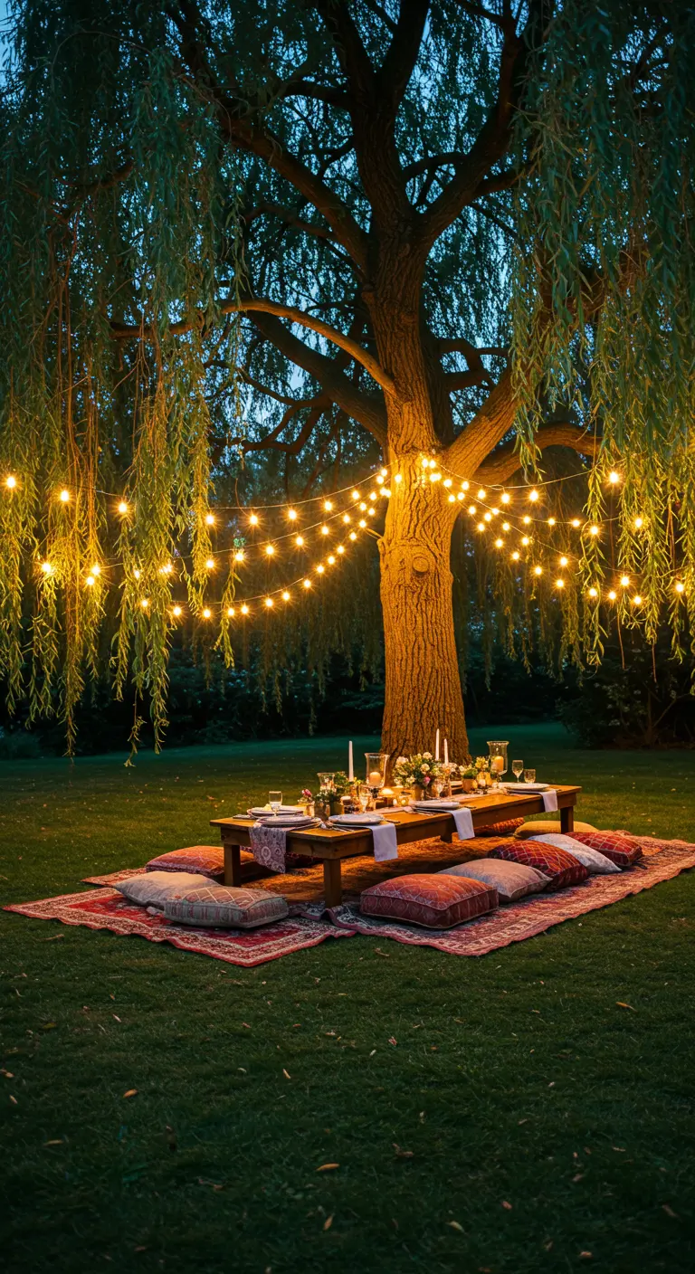 A large weeping willow tree lit with hanging fairy lights over a bohemian picnic setup on the grass.