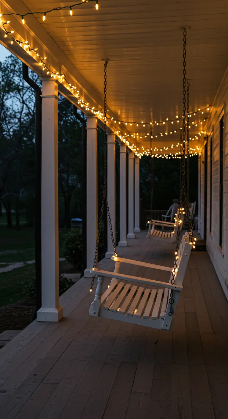 A classic white farmhouse porch with a porch swing, with fairy lights strung across the ceiling.
