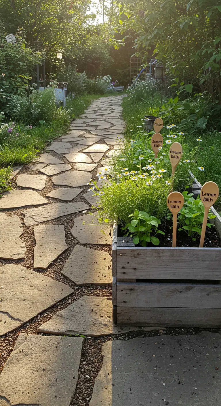 A rustic wooden crate planter with herbs like chamomile, marked by labeled wooden spoons.