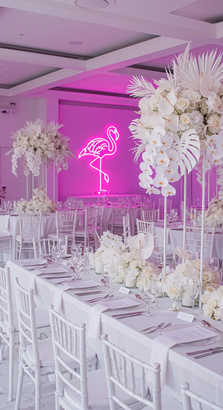 All-white elegant party decor with a vibrant pink neon flamingo sign as a focal point.