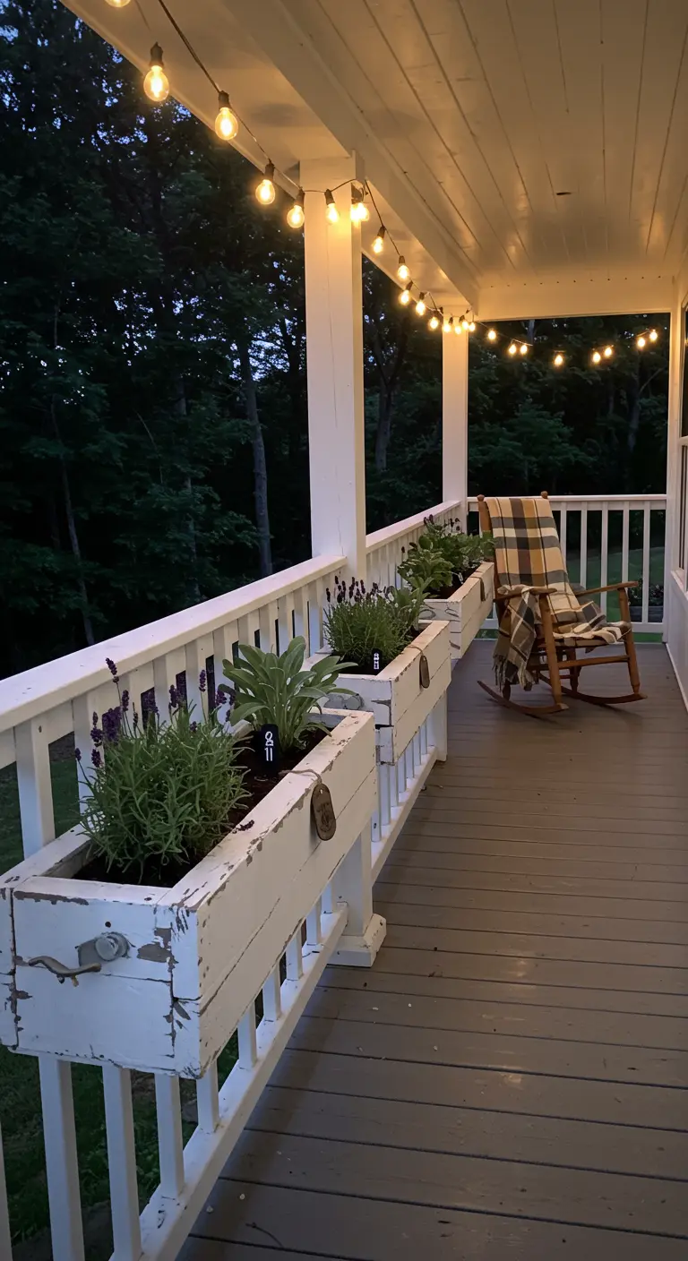 White distressed wooden planters on a porch railing with lavender and sage.