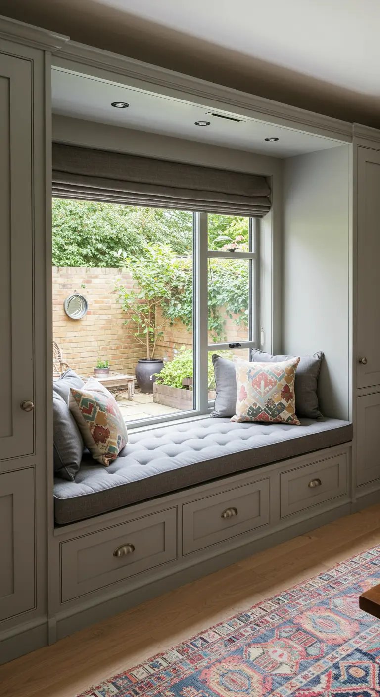 A deep, tufted window seat with drawers that is actually a folded horizontal Murphy bed.