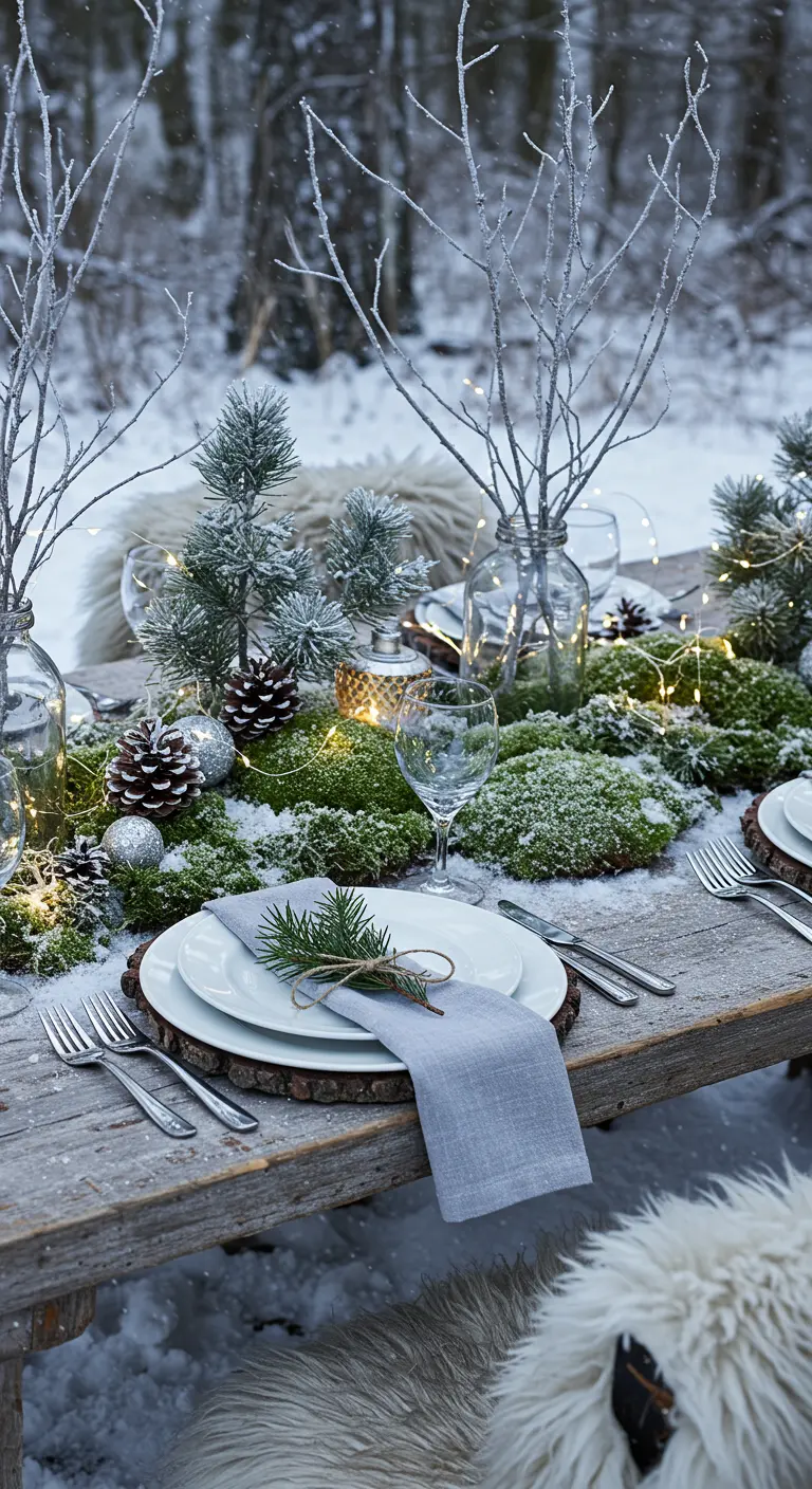 A snowy outdoor table with wood slice chargers, a moss runner, and frosted branches.